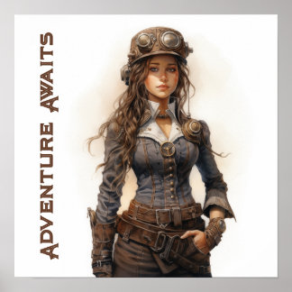 Poster Adventure Await Steampunk Jeune femme