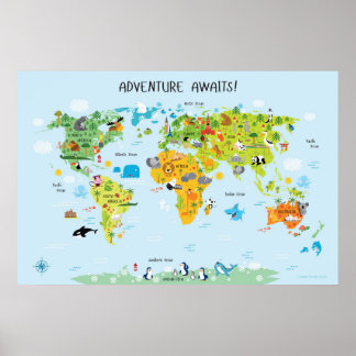 Poster Adventure Await World Map pour les enfants