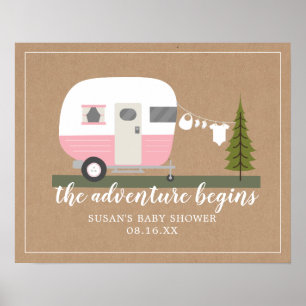 Poster Adventure Trailer Camper Pink Girl Baby shower