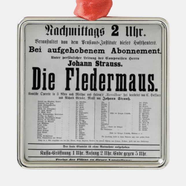 Poster advertising Die Fledermaus by Johann Metal Ornament (Front)