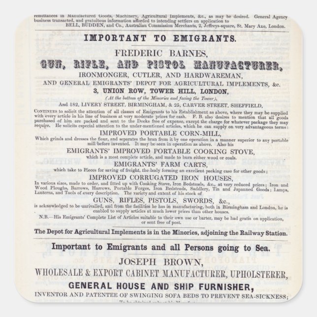 Poster advertising emigrant services square sticker (Front)