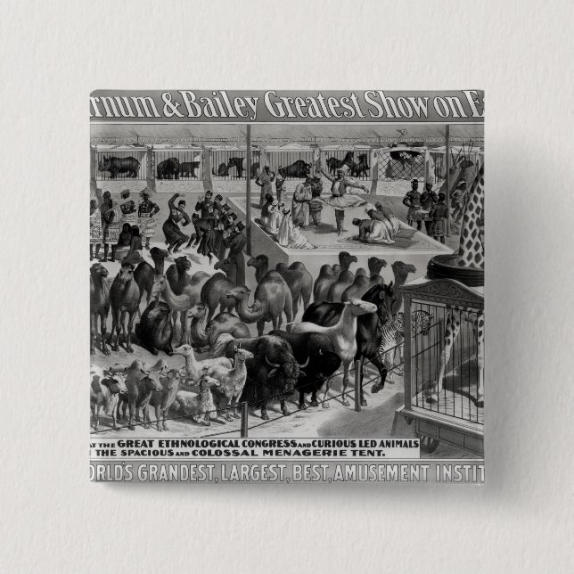 Poster advertising, 'The Barnum and Bailey 2 Inch Square Button (Front)