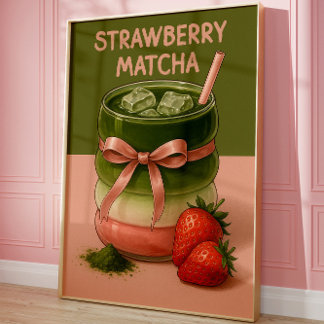 Poster Aesthetic Strawberry Matcha Art Print, Food art 