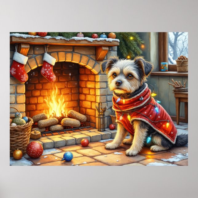 Poster Affenpinscher assis devant une cheminée avec des l (Devant)