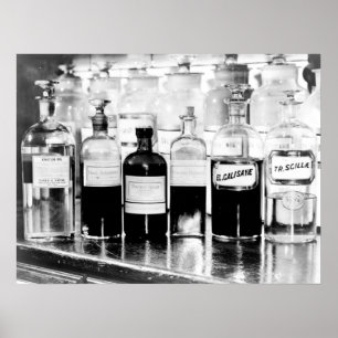 Poster Affichage de bouteilles apothécaires contenant des