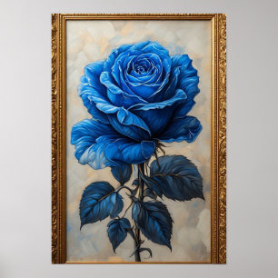 Poster Affichage élégant de rose bleue dans un cadre doré
