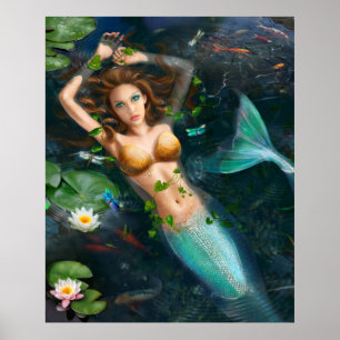 Poster Affiche-Belle sirène dans le lac avec des lis
