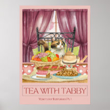 "Affiche d'art aquarelle « Tea with Tabby »"