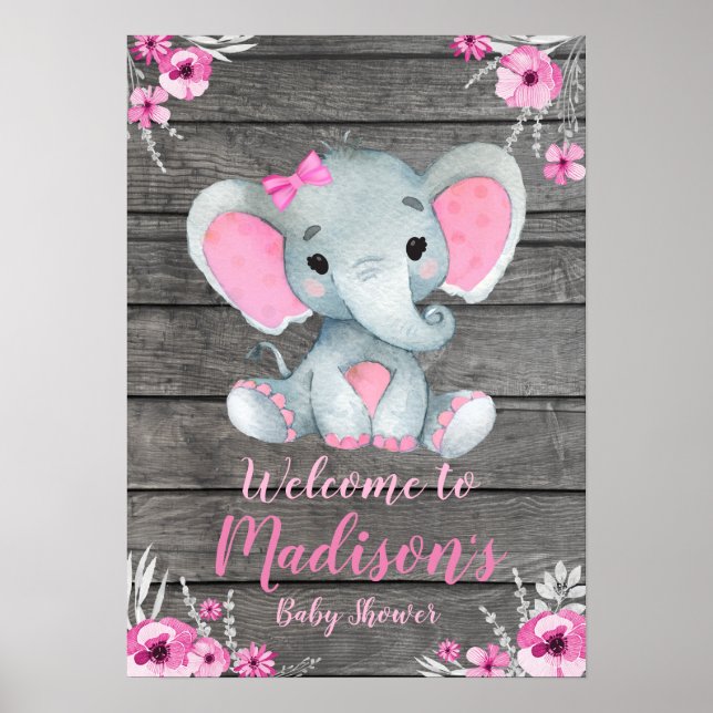 Poster Affiche de bienvenue Elephant Rustique Rose (Devant)