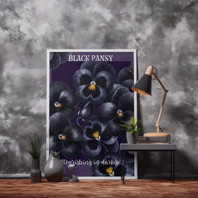 Poster Affirmation de Fleurs noires en sable noir (black pansy poster leaning against a wall.)