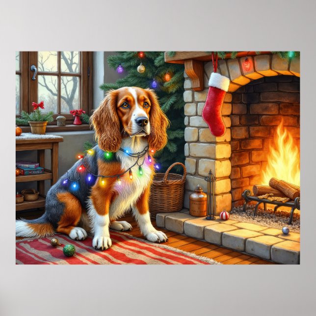 Poster Afghan Hound Fireplace with Christmas Lights (Devant)