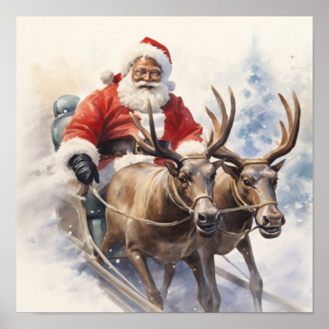Poster African American Père Noël Sleigh deux rennes (Devant)