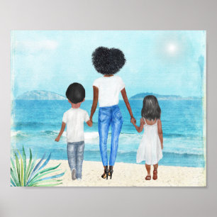 Poster African American Woman with Children Beach