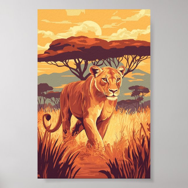 Poster African Savannah Lion - Wildlife Sunset Art (Devant)