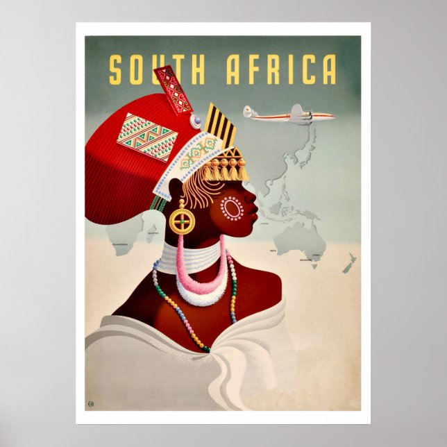 Poster Afrique du Sud, femme africaine, voyage aérien vin (Devant)