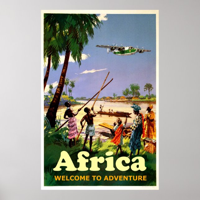 Poster Afrique, tribu africaine regardant l'avion à venir (Devant)