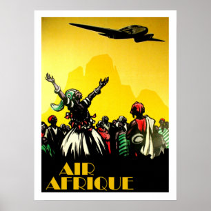 Poster Afrique, tribu saluant un avion, voyage vintage