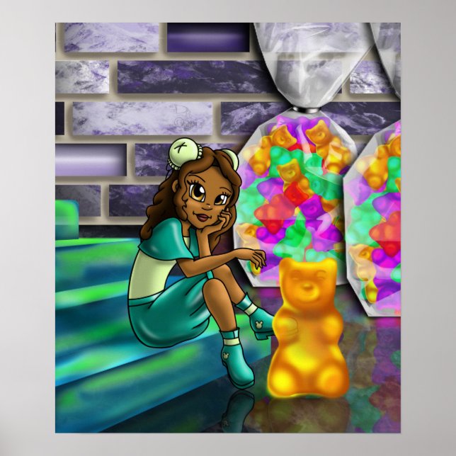 Poster Afro-Américaine fille et ours de gomme (Devant)