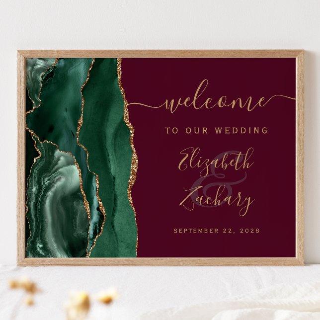 Poster Agate Emerald Green Gold Burgundy Wedding Welcome (Créateur téléchargé)