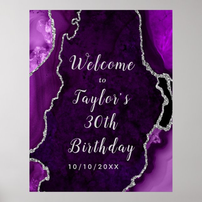 Poster Agate mauve et argent Accueil d'anniversaire (Devant)