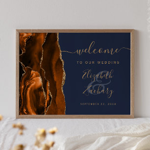 Poster Agate Orange Brûlé Or Bleu Nuit Mariage Bienvenue