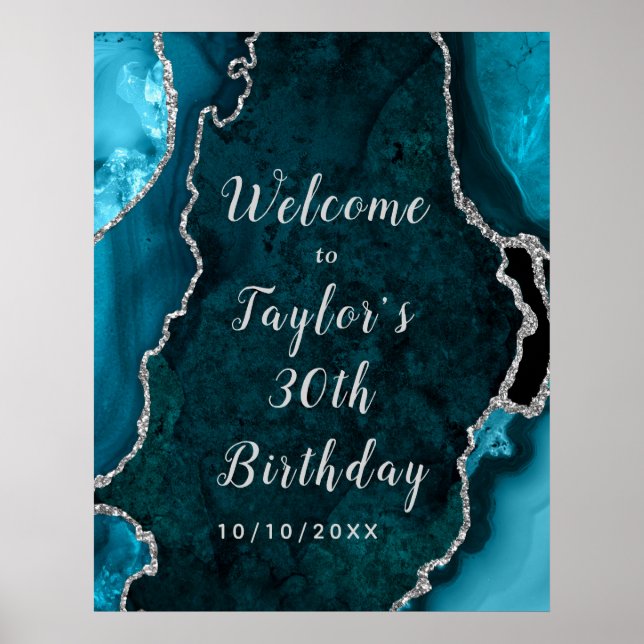 Poster Agate turquoise et Argent Accueil d'anniversaire (Devant)