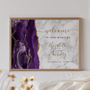Poster Agate violet or marbre Mariage Bienvenue