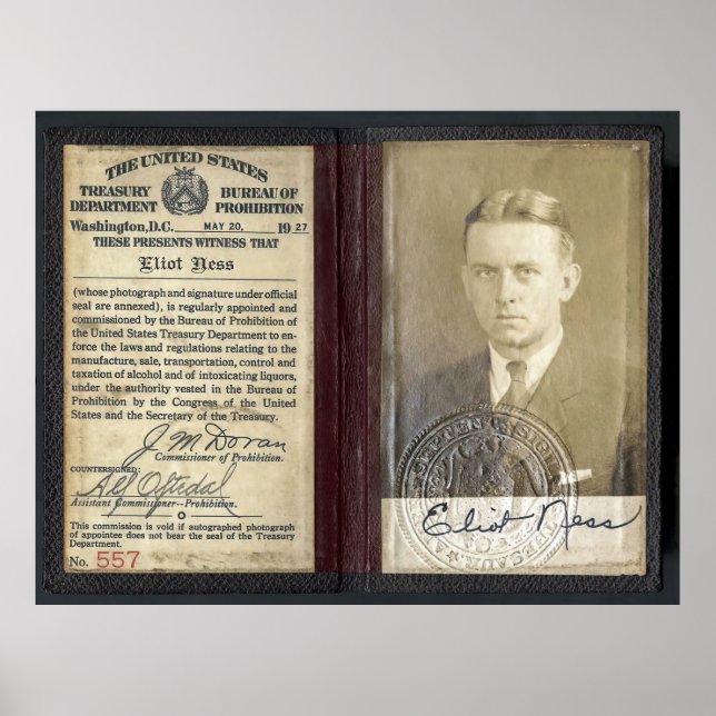 POSTER AGENT D'INTERDICTION ÉLIOT NESS CREDENTIALS 1927 (Devant)