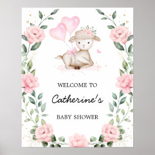Poster Agneau rose floral Baby shower de Pâques Bienvenue