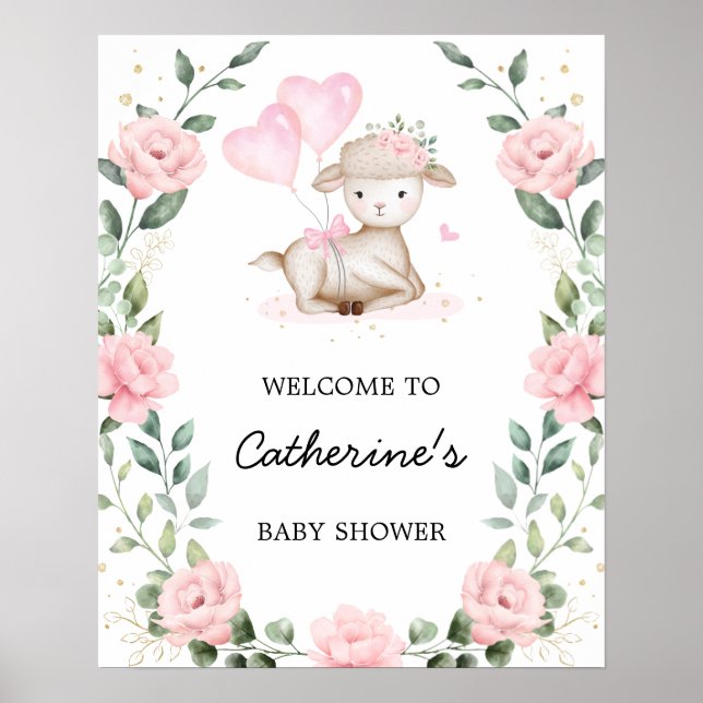 Poster Agneau rose floral Baby shower de Pâques Bienvenue (Devant)
