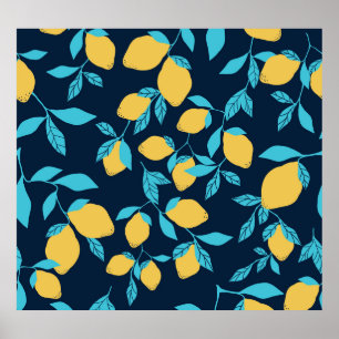 Poster Agrumes simples : citrons sur le bleu.