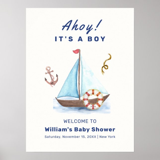 Poster Ahoy Boy Baby shower nautique Bienvenue (Devant)