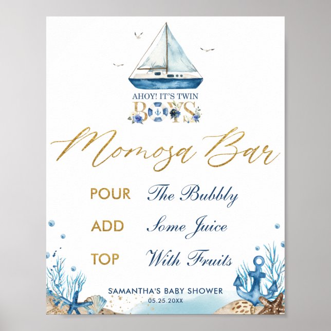 Poster Ahoy C'est Twin Boy Baby shower nautique Momosa Ba (Devant)