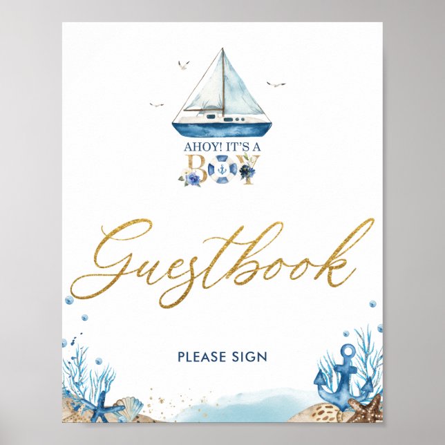 Poster Ahoy C'est un garçon Baby shower nautique Livre d' (Devant)