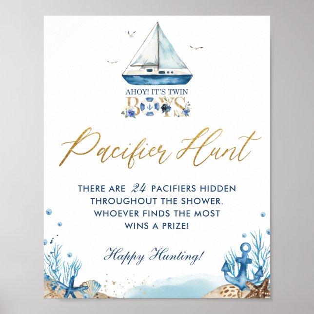 Poster Ahoy Twin Boys Baby shower nautique chasse pacifiq (Devant)