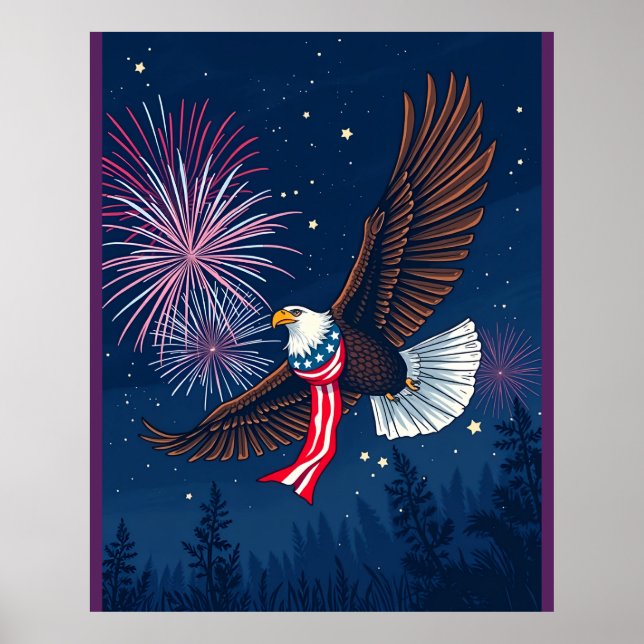 Poster Aigle à bald volant avec les États-Unis Écharpe à  (Devant)