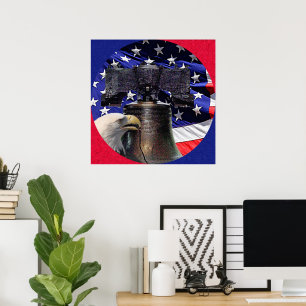 Poster Aigle américain chauve, cloche et drapeau 24x24