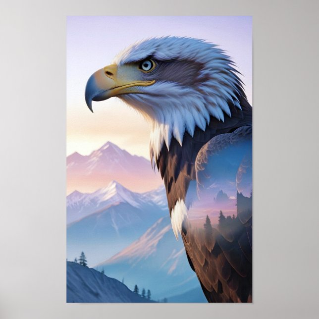 Poster Aigle Bald Double exposition Nature animale Wilder (Devant)