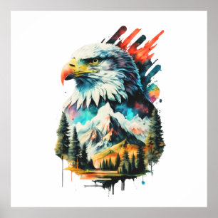 Poster Aigle d'aquarelle et paysage de montagne Art