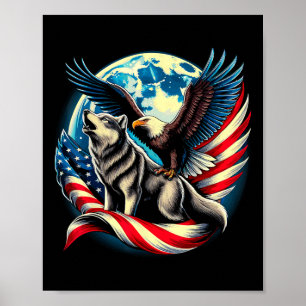 Poster Aigle Ld Américain Et Loup Drapeau Usa 4 Juillet 