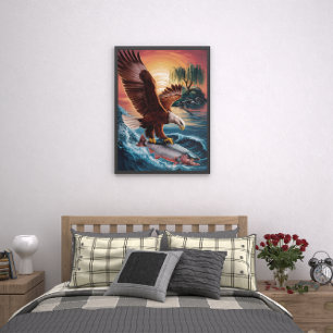 Poster Aigle majestueux grimpant sur un poisson scintilla