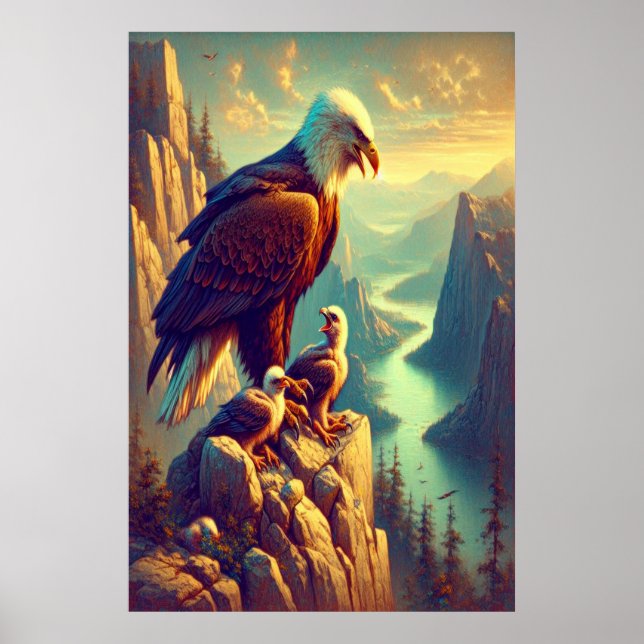 Poster Aigle perché sur le rocher avec ses bébés (Devant)