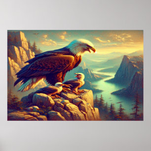 Poster Aigle perché sur le rocher avec ses bébés