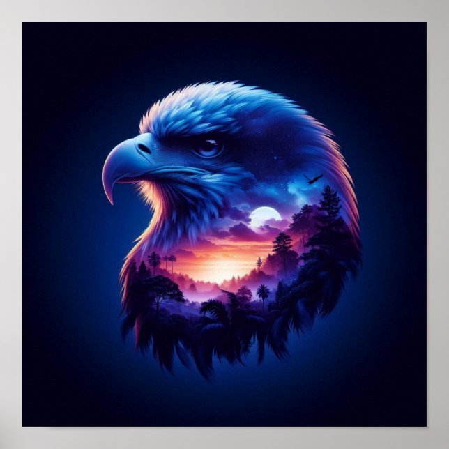 Poster Aigle superposé avec paysage de coucher de soleil  (Devant)
