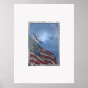 Poster Aigle volant avec lune et drapeau américain