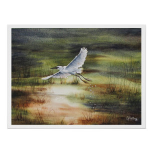 Poster Aigrette blanche aquarelle
