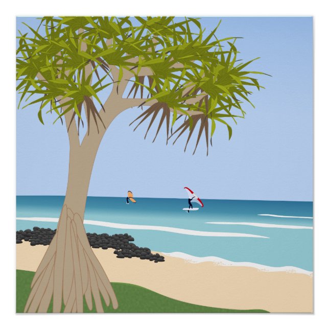Poster Aile surfeurs à huile Pandanus Tree à la plage (Devant)