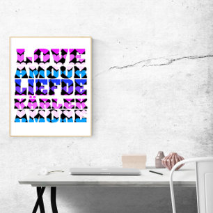 Poster Aimez de nombreuses langues Cœurs Rose Violet Bleu