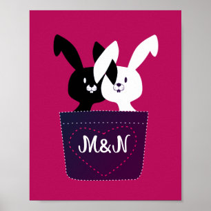 Poster Aimez les lapins noirs et blancs sur fond magenta