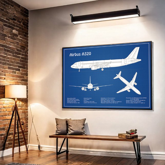 Poster Airbus A320 - Dessins de plans de l'avion ABD (Airbus A320 - Airplane Blueprint Drawing Plans ABD. Poster)